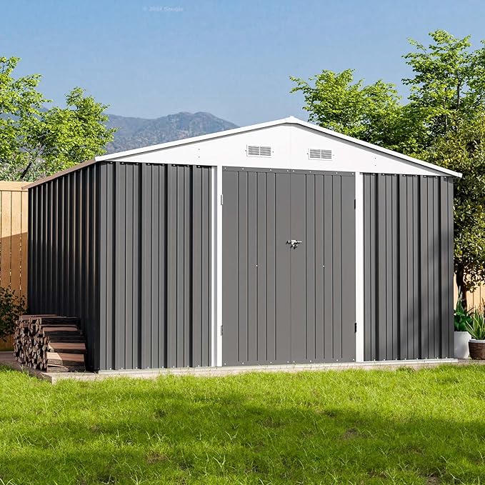 Patiowell 10 x 8 FT Outdoor Storage Shed, Large Garden Tool Metal Shed with Sloping Roof and Double Lockable Door, Outdoor Shed for Backyard Garden Patio Lawn,Grey