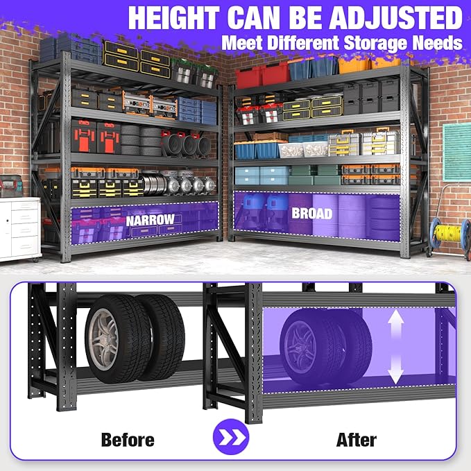 Metal Garage Shelving Unit, Heavy Duty 5-Tier Adjustable Wire Storage Rack, 8000 LBS Loads Industrial Utility Shelves for Garages, Warehouses, Kitchen, Black, 71" W x 24" D x 71" H