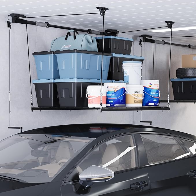 FLEXIMOUNTS Overhead Garage Storage Rack, 4x4 Ft Heavy-Duty Garage Ceiling Storage Racks, Adjustable Organization System with 71'' L Axle, 300lbs Weight Capacity, Carbon Black
