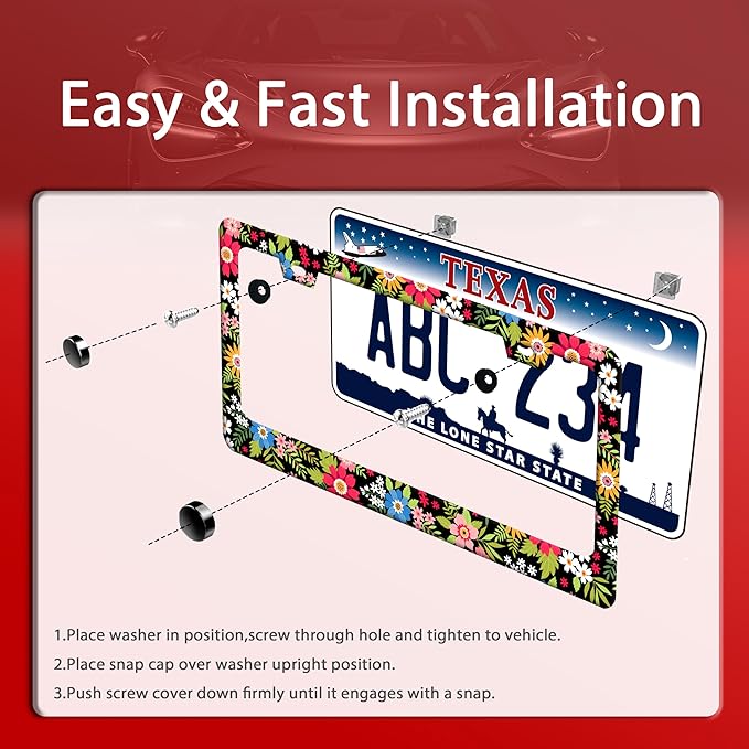 Folk Art Flowers License Plate Frame Funny Colorful License Plate Frames Stainless Steel Accessories Cars Decor with 2 Holes and Screws Fits Standard Us Ca Vehicles License Plate Holder 12.2 X 6 Inch