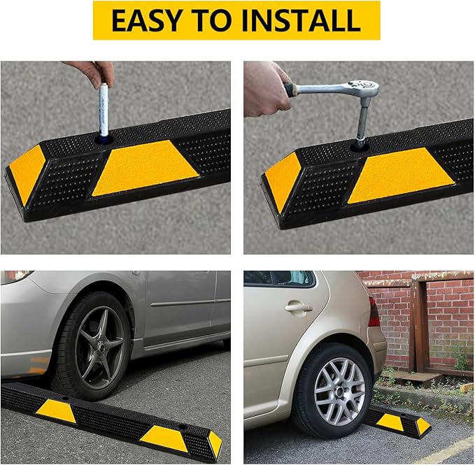 72" Car Parking Stopper, Heavy Duty Rubber Parking Curb Wheel Stops with Highly Visible Reflective Strips, Garage Floor Stopper for Cars, Truck, Trailer, Van, Pack of 2