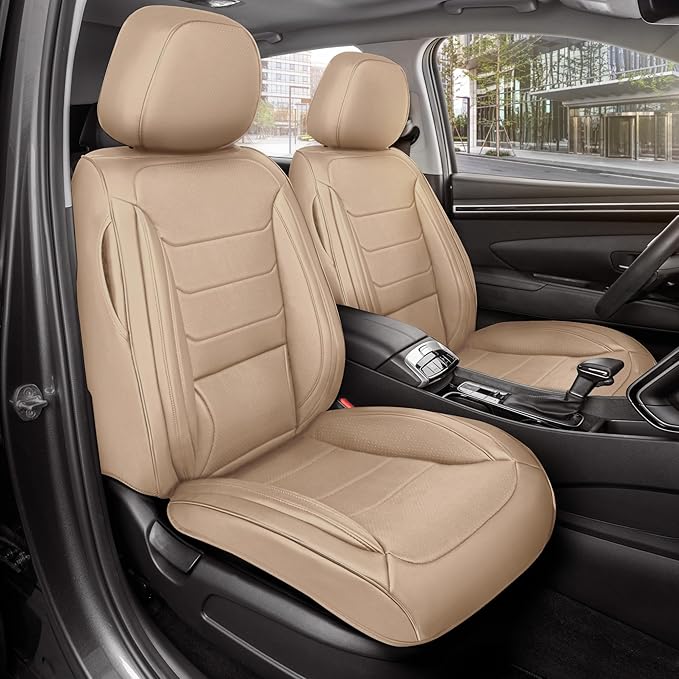 Elite Edition Faux Leather Seat Covers for Cars, Trucks, & SUV - 2 Beige Car Seat Covers for Front Seats - Universal Fit Car Accessories Automotive Interior Cover Protector for Most Vehicles