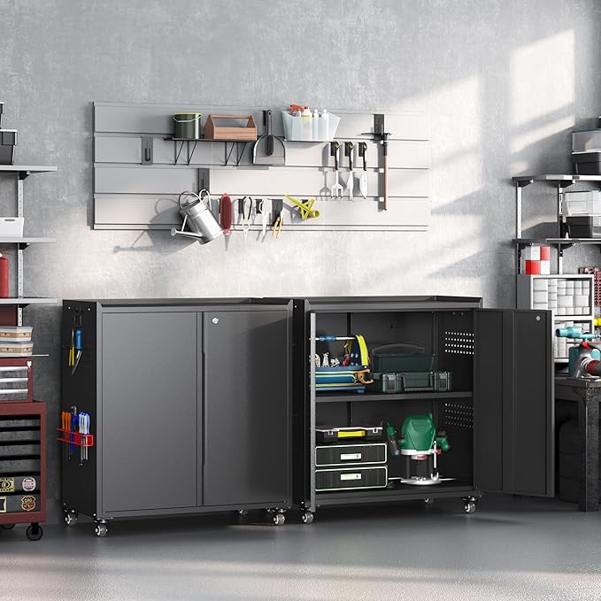 34" Metal Garage Storage Cabinet with Wheels, Adjustable Rolling Tool Storage Cabinet with Lock, Steel Locking Tool Cabinet with Doors and Shelves for Garage, Warehouse（Black）