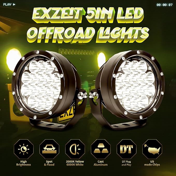 EXZEIT 160W 5 Inch Driving Lights,11200 Lumens Round Fog Lights Offroad Lights for Jeep Wrangler Trucks Toyota Pickup SUV ATV, Diffuser Covers and Yellow Covers Changeable, 12V/24V