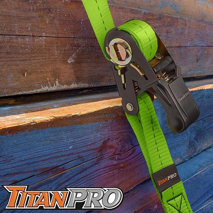 TitanPro Heavy Duty Ratchet Straps 4-Pack - 2,200lb Break Strength, 1" x 15' Rachet Tie Downs with Padded Handles - Heavy Duty, Truck, Motorcycle, Moving Straps (Green)