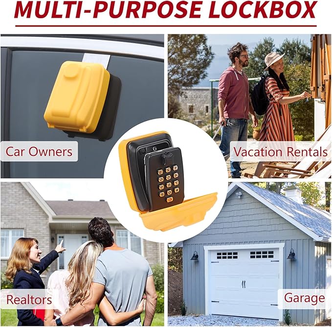 Car Key Lock Box, Yellow Punch Button Combination Lock Box, Car Window Lock Box Wall Lock Box, Sturdy Waterproof Security Key Storage, Credit Cards, Fit for Turo, Ride Share, GetAround