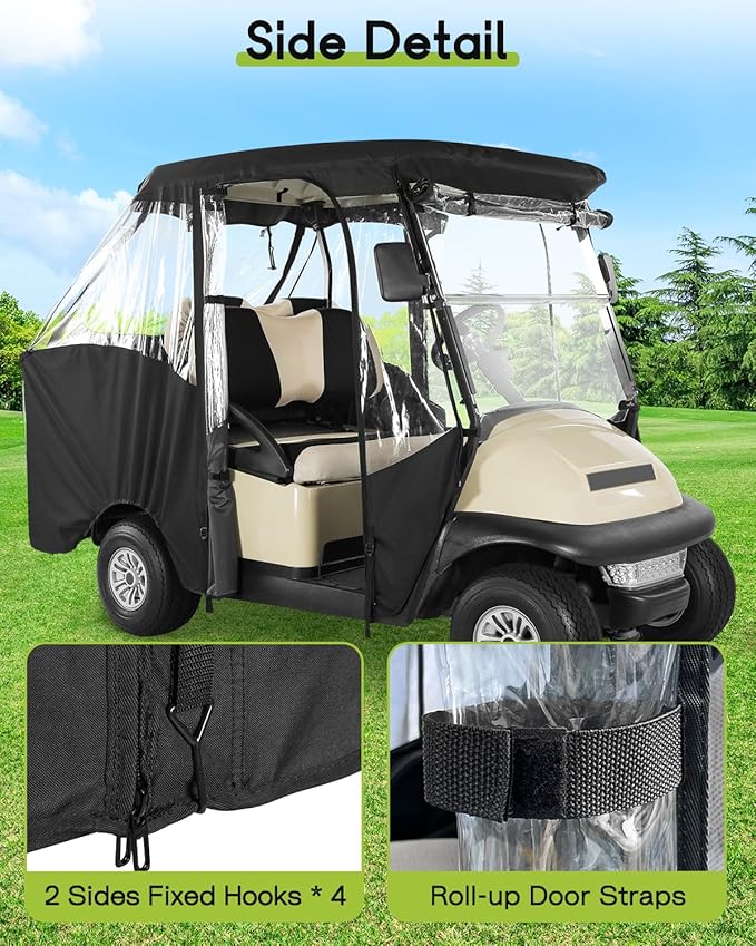 4 Passenger Golf Cart Enclosure for Club Car Precedent Short Roof 2+2 Waterproof Windproof Driving Rain Covera Fit 4-Seater with 4-Sided Clear Windows Mirror Zipper Roll-up Door Black