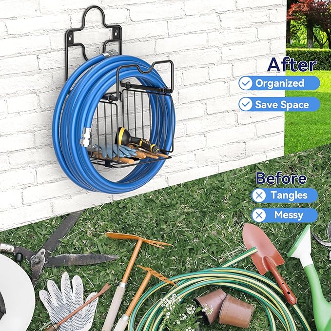 Garden Hose Holders for Outside Metal Water Hose Holder Wall Mount Hose Hanger with Storage Basket Heavy Duty Waterhose Holder for Outside Hose Rack Outdoor Hose Caddy Hook for Garden Organizer Black