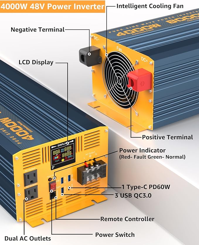 4000W Pure Sine Wave Power Inverter DC 48V to AC 110V 120V for Home RV with Dual AC Outlets 1 USB-C(60W) 3 USB-QC3.0 Fast Car Charger Adapter, LCD Display and Remote Control