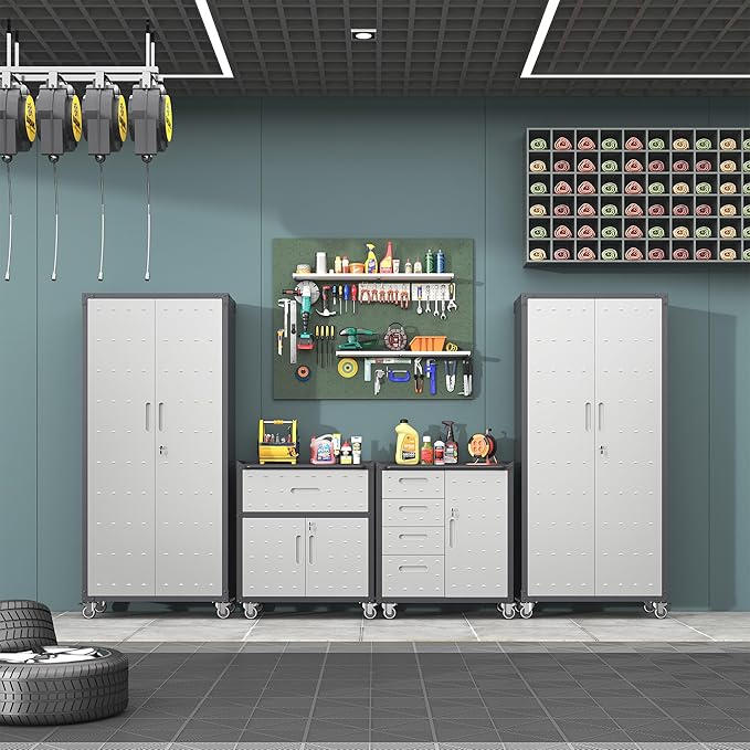 Metal Tool Cabinet,Garage Storage Cabinet System,Wall Cabinet & Locking Rolling Tool Cabinet with Doors and Adjustable Shelves,Steel Tool Cabinets for Home,Office (4 Pcs-StyleB, Black & Grey)