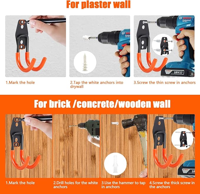 Heavy-Duty Garage Hooks -2 Pack Type U- Anti-Slip Coated Wall-Mounted Hooks Wall Mount Storage Organizer for Hanging Power and Garden Tools, Ladders, Hose, Bikes, Ropes, Bulk Items, and More ﻿