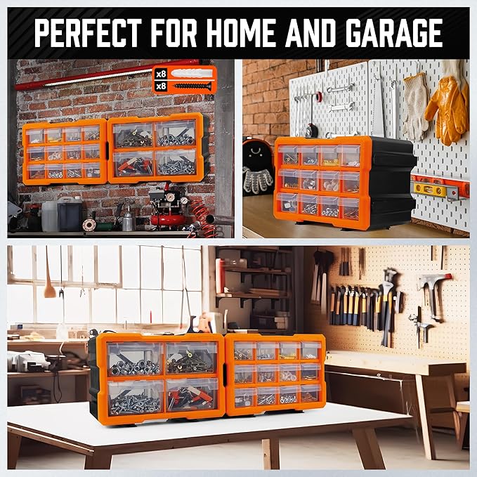 HORUSDY 16-Drawer Storage Cabinet, Wall Mountable Parts Organizer for Hardware, Tools, Screws, Beads, Crafts, Garage, and Office Storage, Customizable Dividable Drawers, Heavy-Duty & Durable