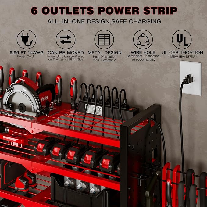 Power Tool Organizer Wall Mount with Charging Station 4 Layer 6 Slot Cordless Drill Holder with Angle Grinder Holder (Red)