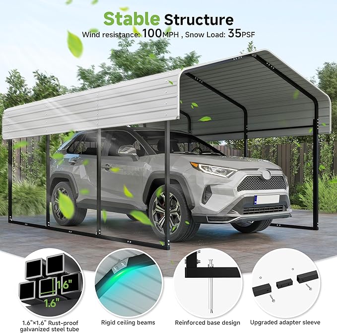 Real Relax 10×15FT Heavy Duty Carport, Metal Car Port Multi-Use Outdoor Storage Cars, Boats, Trucks, Galvanized Metal Roof, Cream White