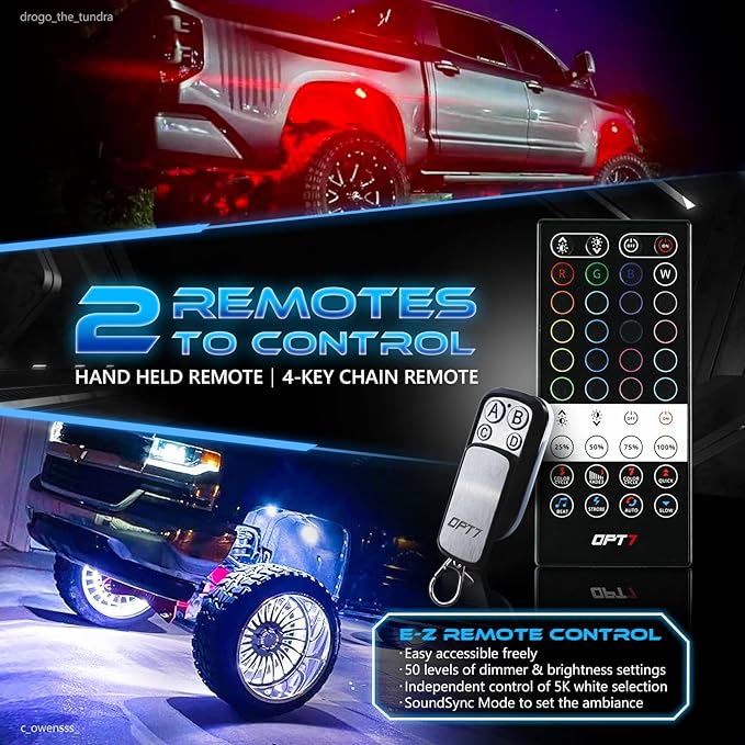 OPT7 Quantum RGBW LED Rock Lights with Remote Control, 4 Pods Wide Angle Multicolor Neon Underglow Lighting Kit with Extension Wire, IP68 Waterproof for Offroad Truck Jeep RZR ATV UTV SUV