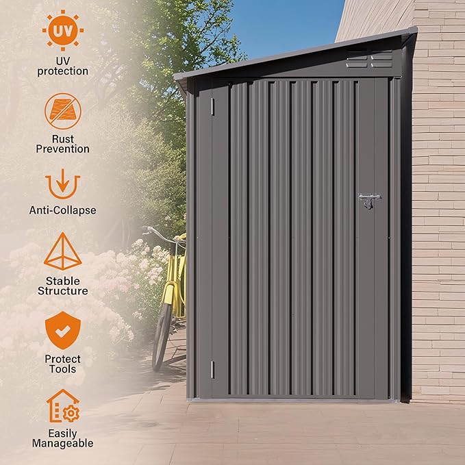 Lean to Storage Shed 4 x 9 FT Outdoor Metal Wall Storage Shed & Garden Storage Cabinet, Tool Shed with Sloping Roof, 2 Vents & Side Open Door for Backyard, Patio, Garage & Lawn, Gray
