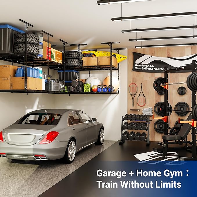 FLEXIMOUNTS 4x8 2-Tier Overhead Garage Storage Rack – Adjustable Heavy Duty Metal Garage Ceiling Storage Racks, 1000 lbs Capacity – Garages Organization System for 10–15 ft Tall Garages, Black