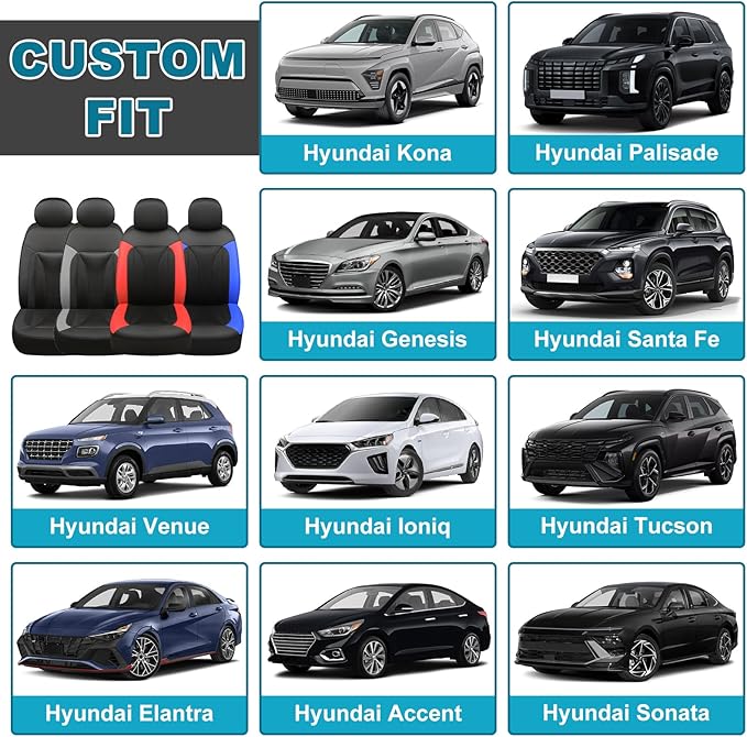 GIANT PANDA 2 Front Leather Car Seat Cover for Hyundai,3D Air Cool Mesh Thick Seat Covers Custom Fit Hyundai Sonata Elantra Santa Fe Tucson Accent Kona Palisade Genesis Venue Ioniq (Black)