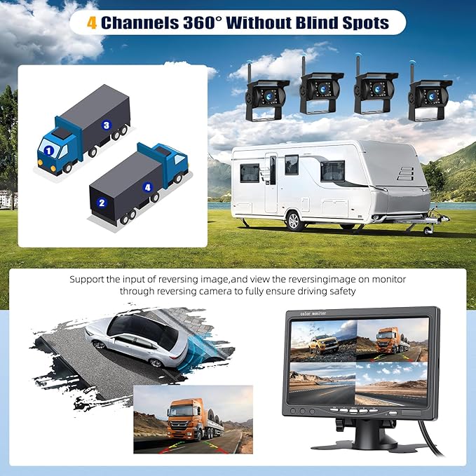 1080P Wireless RV Backup Camera System,7 Inch Reverse Camera Monitor for 4 Channels with IP69 Waterproof Night Vision Backup Camera Front Rear View Camera for Truck/RV/Van/SUV/Pickup