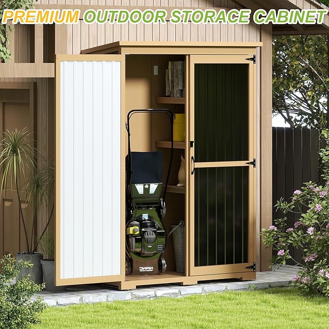 Outdoor Storage Shed with Shelf,Wood & Metal Storage Cabinet with Lockable Doors & Sloping Roof,Vertical Garden Shed for Patio Backyard,Tool Shed and Accessories, Brown