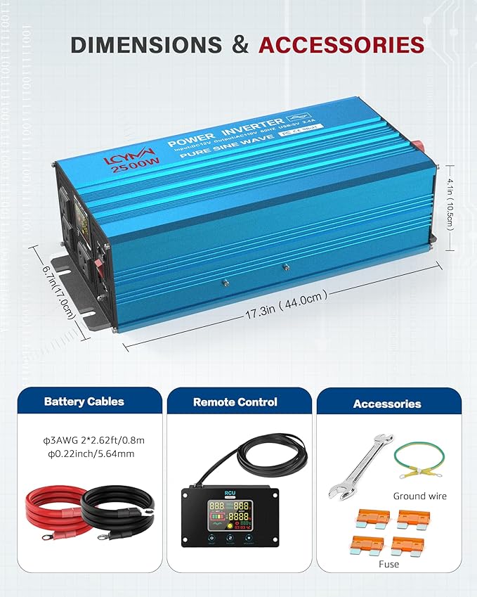 Power Inverter 2500 Watt Pure Sine Wave 12V DC to 110V/120V AC 5000W Peak Converter for Family RV Off Grid Solar System with 3 AC Outlets LCD Display Remote Control and 2.4A USB Charging Port