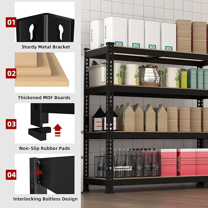 4 Packs 36" W x 16" D x 55" H Adjustable Garage Storage Shelves - 4-Shelf Heavy Duty Shelving Unit, Metal Utility Storage Organizer Racks for Warehouse Pantry Closet Kitchen, Black
