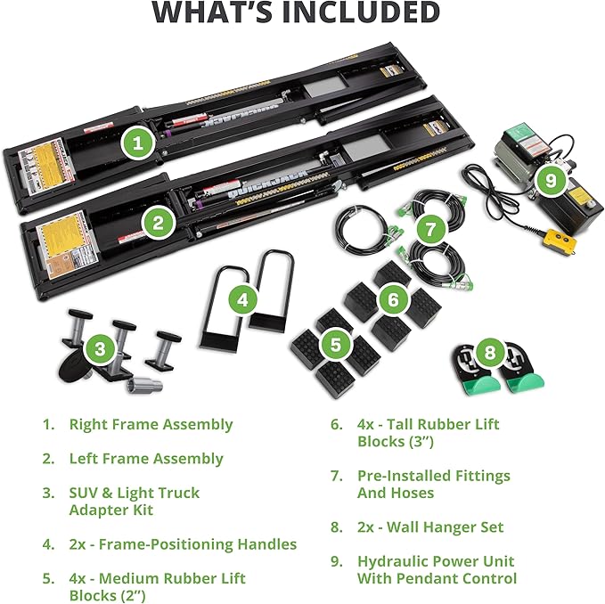 QuickJack Bundle - 8000TL Portable Car Lift, Wall Hangers & SUV Adapters, ALI Certified, 8,000-lbs. Capacity, 110V Power Unit, Car Lift for Garage, Shop, & Mechanic