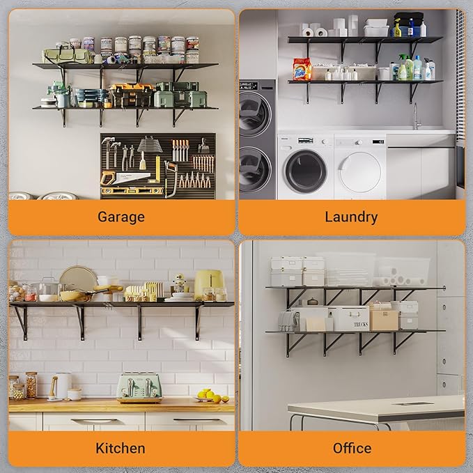 Solid 2x6 ft Garage Storage, 2 Pack 1600 lbs Total Weight Capacity, Heavy Duty Wall Mounted Shelving for Home, Kitchen & Pantry, Black