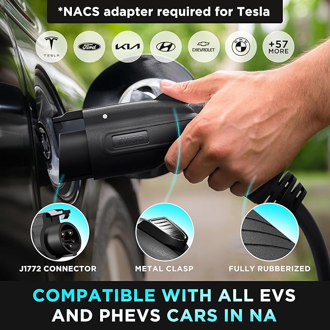 EVIQO EV Charger Level 2-48 Amp Level 2 EV Charger Hardwired, 240V Electric Vehicle Charging Stations, J1772 Chargers 11.5kW, Wall EV Chargers for Home, EVSE EV Charging Station 25' Cord