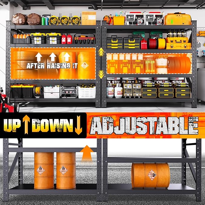 48''W Garage Shelving Heavy Duty, Metal Garage Shelves, 7000LBS Storage Shelves 4 Tier Adjustable Steel Shelving Units, Wide Industrial Shelving Storage Rack for Warehouse, Basement,Black