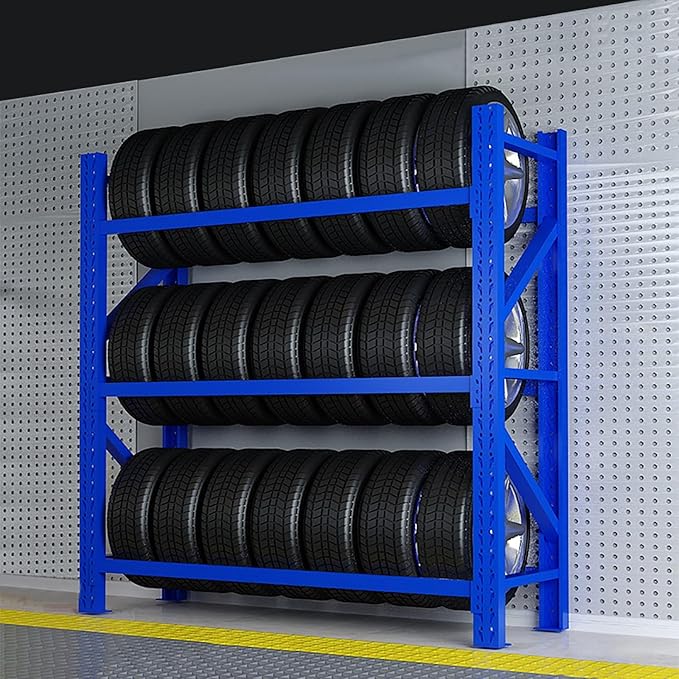 Adjustable Height Tire Storage Rack for Garage, Maximum Load 1100 lbs, Blue, 3 Tiers(78.7x19.6x78.7in)