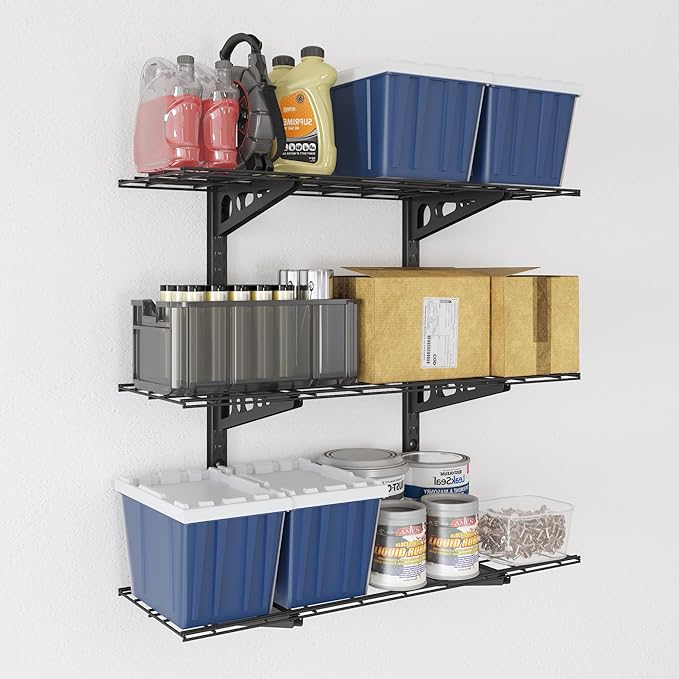 FLEXIMOUNTS 3 Tier 1x3ft Garage Storage Wall Shelving, 12x36inch per Shelf Height Adjustable Floating Shelves, 450lbs Total Weight Capacity, Black