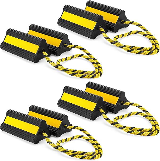 4 Pair Heavy Duty Wheel Chocks for RV Trailer, Rubber Wheel Stoppers, Dual Blocks, Non Slip Tire Chock with Nylon Rope Reflective Tape for RV Camper Travel Trailers Car Truck (Yellow)