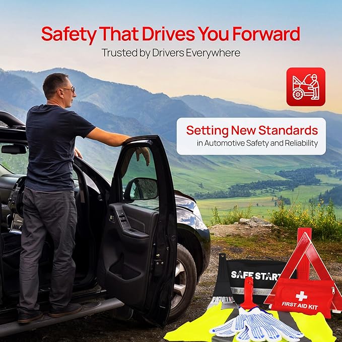Car Emergency Kit - Car Safety Kit with First Aid, Safety Hammer, Reflectors, Gloves, Ice Shovel - Compact Roadside Tool Kit for Repairs, Snow, Accidents - Protect Your Family on The Road