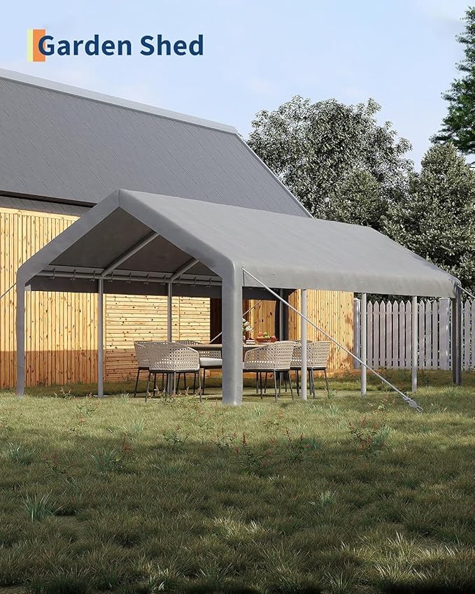 13 x 25ft Heavy-Duty Carport Canopy with Roll-Up Windows & DoorsThickened Wind Ropes, Ground Nails, Portable Car Tent Garage for Cars, Trucks, Boats, 200G Durable Tarp Cover,Grey