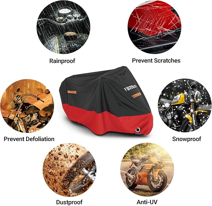 Favoto Motorcycle Cover All Season - Universal Weather Quality Waterproof Sun Rain Outdoor Protection Night Reflective with Lock-Holes & Storage Bag Fits up to 86.6" Motorcycles Vehicle Cover