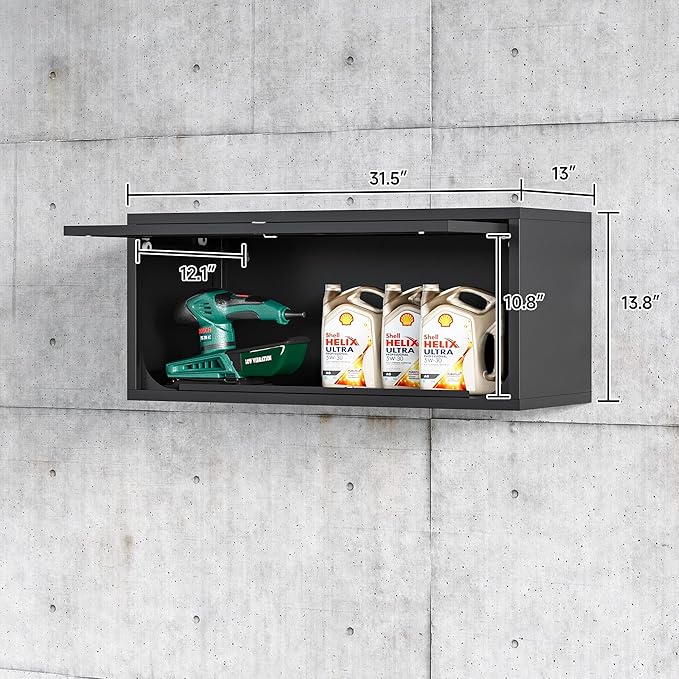 Metal Wall Storage Cabinet with Up-flip Door, Wall-Mounted Storage Cabinet for Garage, Warehouse, Home, Office, Assembly Required (Black, One Cabinet)