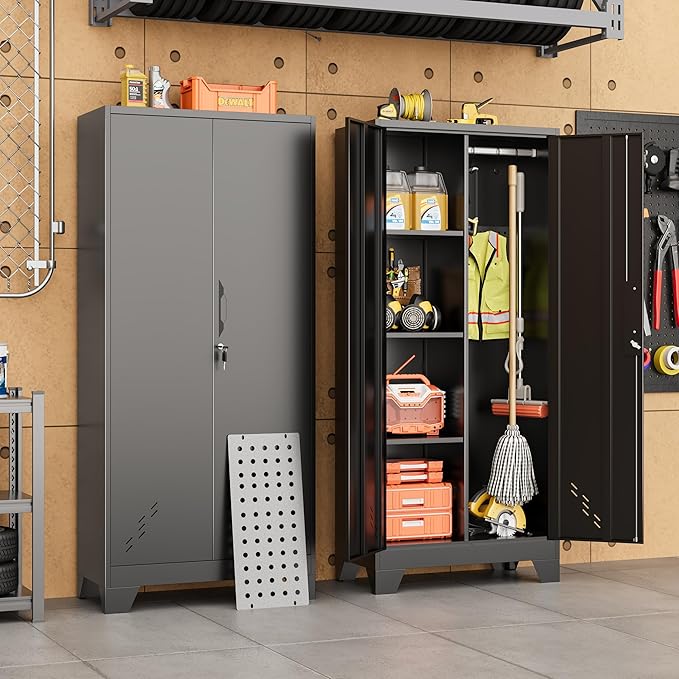 61" H Metal Storage Cabinet, Storage Shed with Shelves for Brooms and mops, Cleaning Supplies Closet with Removable Pegboard for Outdoor, Garage, Utility Room