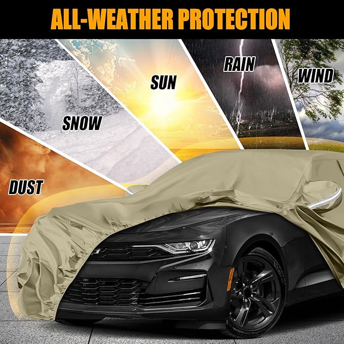 Waterproof Car Covers Replace for 2010-2025 Chevy Camaro, Multilayer Heavy Duty with Cotton Liner All Weather Custom-fit Car Cover with Zipper Door, Windproof Bands for Snow Rain Dust Protection