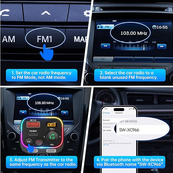 Syncwire Bluetooth 5.4 FM Transmitter Car Adapter 54W (PD 36W & 18W) [Stronger Dual Mics] [Light Switch] [HiFi Bass Sound] [Fast Charging] Wireless Radio Receiver Hands-Free Calling LED Display