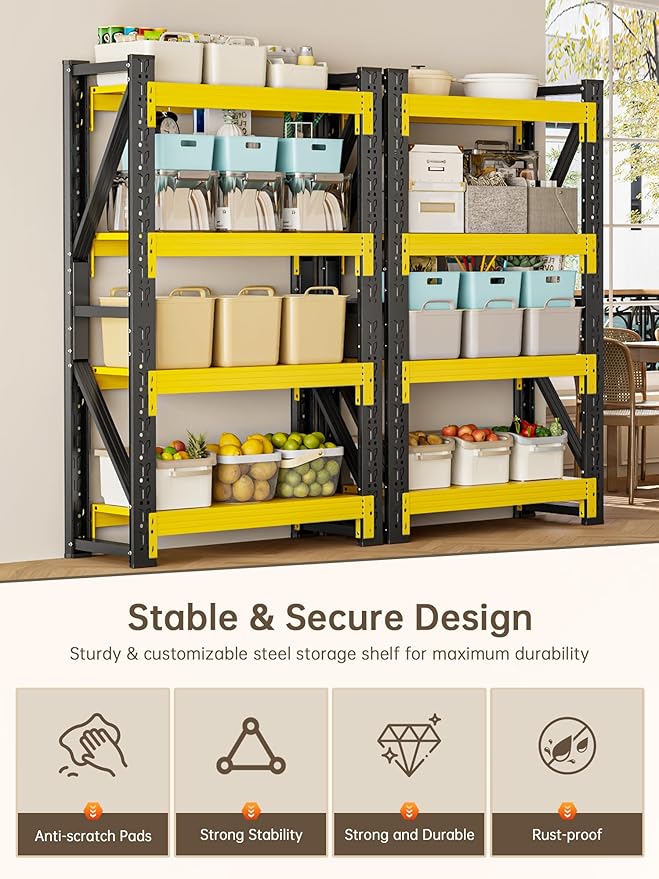 4-Tier Storage Shelves,63" H Heavy-Duty Garage Shelving Unit,Adjustable Industrial Metal Shelf System,3,000lbs Capacity,Tool Organizer for Garage,Workshop,32" W*20" D*63" H,Black&Yellow