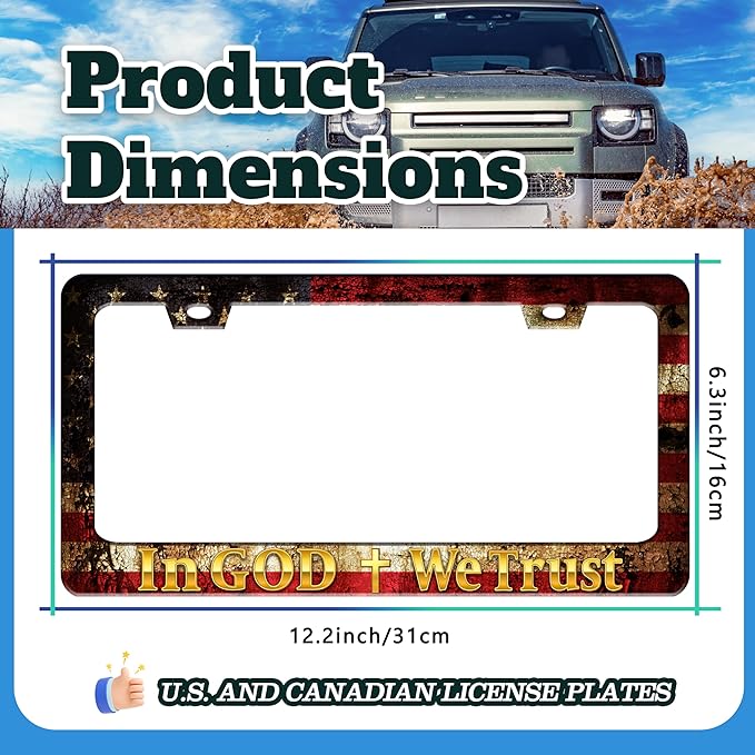 in God We Trust License Plate Frame Cross American Flag for Front or Rear Car Tags Stainless Steel License Plate Holder Funny Car Decoration with Screws 6.3 X 12.2 in