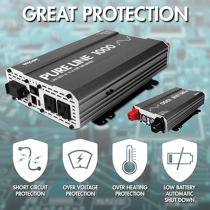 Wagan EL3804 Pure Line Inverter 1000 Watt DC 12V to 110V AC Car Pure Sine Wave Power Inverter for Home RV Camping Van Life Off Grid ETL Certified