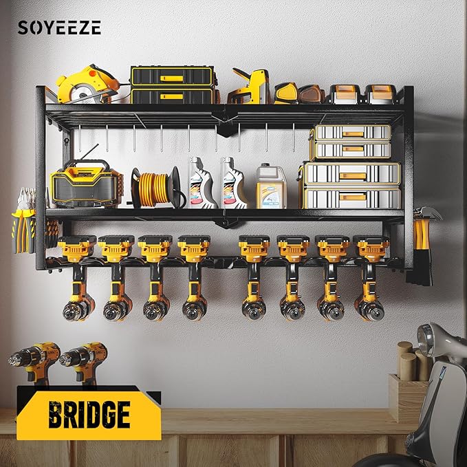 SOYEEZE Power Tool Organizer - 8 Drill & Screwdriver Wall Mount, 3 Layer Storage Rack with Hammer & Plier Holder