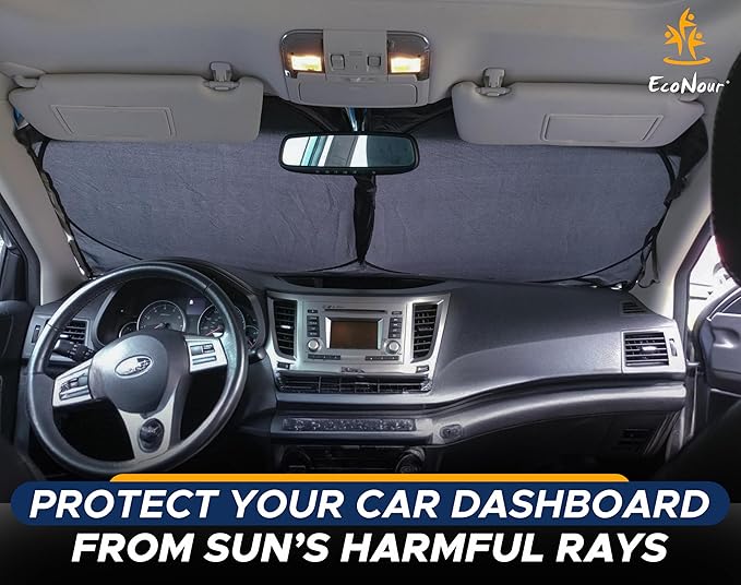 EcoNour Windshield Sun Shade with Mirror Cut | Foldable 240T Polyester Car Sun Shade for Heat, and UV Rays | Windshield Sunshade for Front Window Sun Block and Interior Cooling | Large (64" x 34")