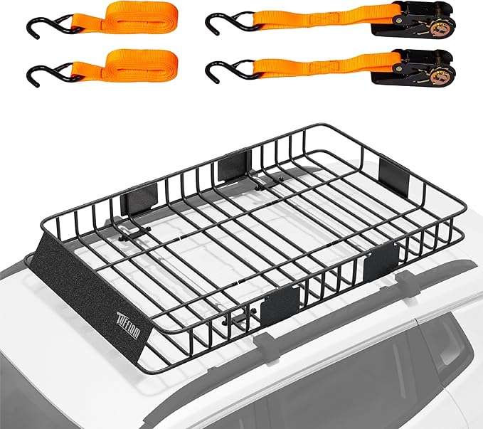 TUFFIOM 64"x 39"x 6" Universal Rooftop Cargo Carrier Basket, Extendable Steel Roof Rack Basket w/Straps with Hook, Heavy Duty Car Top Rack Luggage Holder Carrier Basket for SUV Car Truck Van