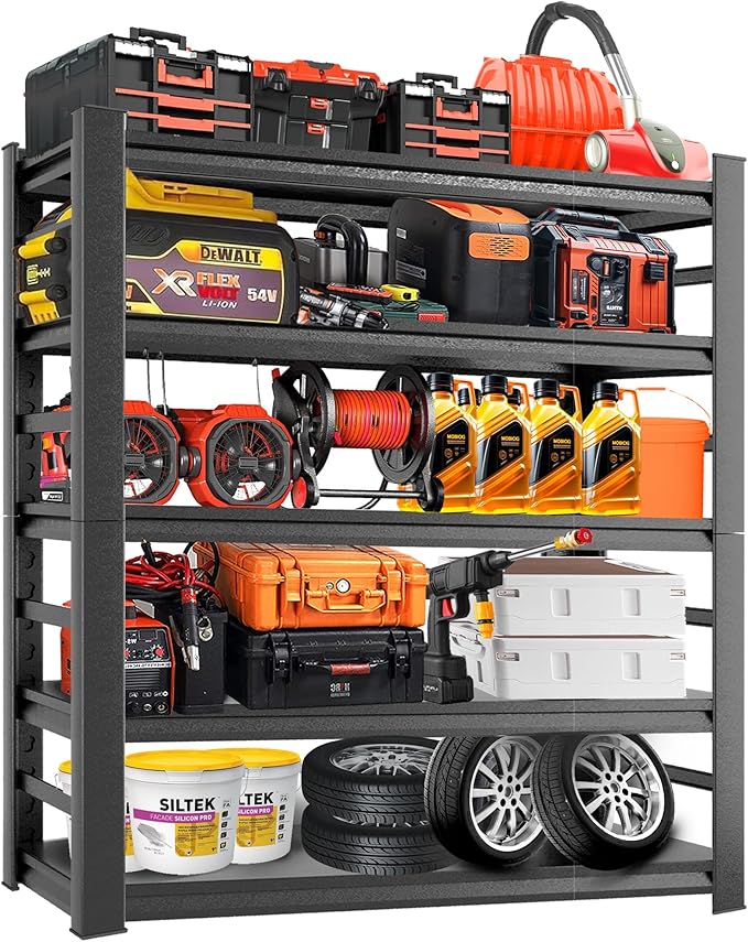 Adjustable Heavy Duty Metal Garage Shelving Unit with Fence, 5-Tier Storage Rack for Garage, Basement, or Warehouse, Durable Steel Shelves for Tools & Equipment, 63" H x 32" W x 16" D, Black