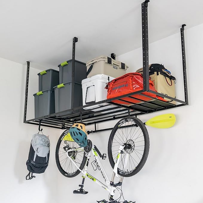 StoreYourBoard Heavy-Duty Ceiling Mounted Garage Shelving, Steel Overhead Ceiling Shelf, 3x8 Garage Organization Rack with Hooks, Holds 700 lbs