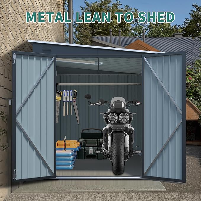 LANTRO JS 6x8FT Metal Outdoor Storage Shed, Garden Tool Shed Without Floor, Lean to Shed with Free PC Light Board and Lockable Doors for Garden Bike Lawnmower