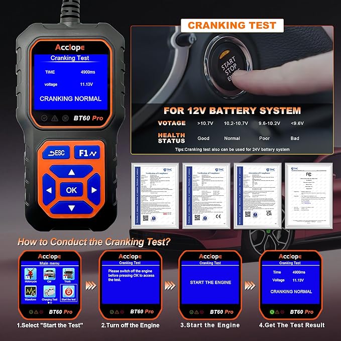 BT60 Pro Acclope Car Battery Tester with Cloud Printing 100-3000 CCA 6V 12V 24V AGM Lithium Gel Battery Checker Automotive Alternator Digital Analyzer Charging Cranking System Vehicles Truck Home-use